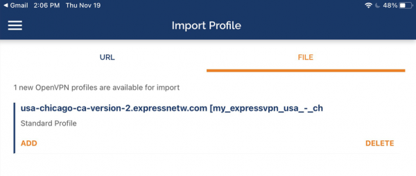 Import Profile screen in the OpenVPN Connect app on iPad