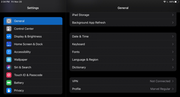 General settings screen on iPad