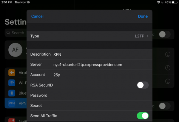 L2TP VPN setup screen on iPad