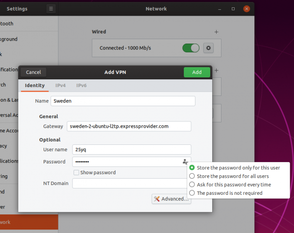 ExpressVPN server details and credentials entered into Ubuntu