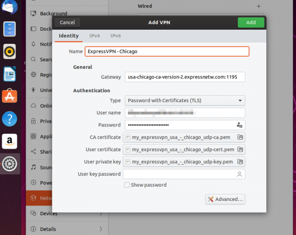 ExpressVPN server details entered into the Ubuntu Add VPN screen