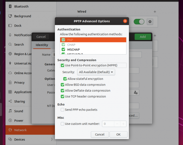 PPTP Advanced Options screen on Ubuntu