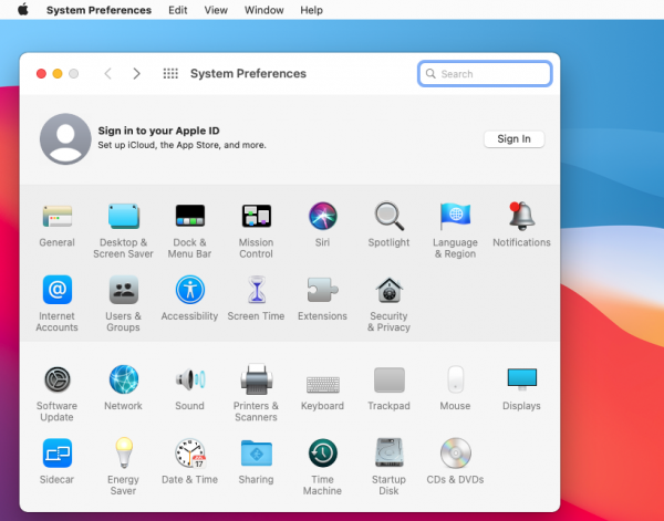 macOS Big Sur System Preferences screen