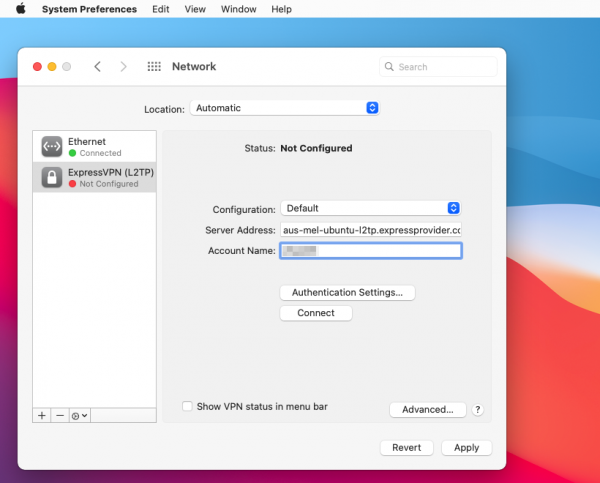 ExpressVPN server details in the macOS Big Sur network screen
