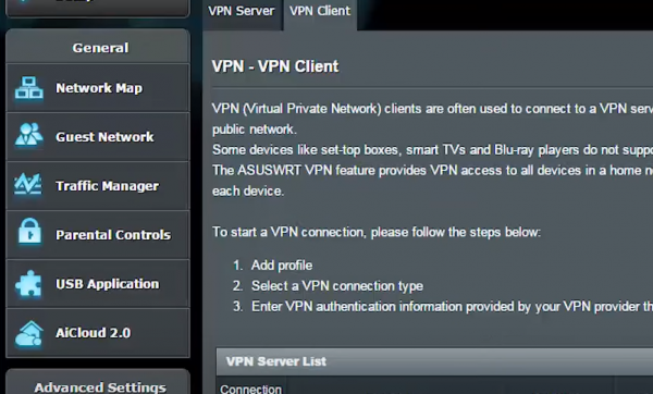 VPN client tab on an ASUS router
