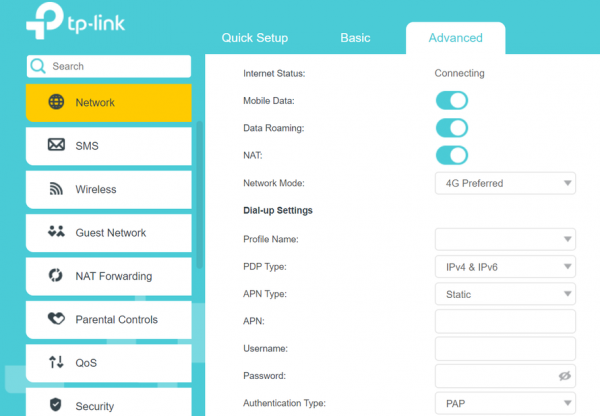 Advanced network settings screen on a TP-Link router