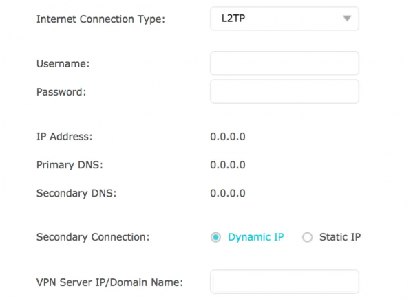 L2TP connection settings page on a TP-Link router