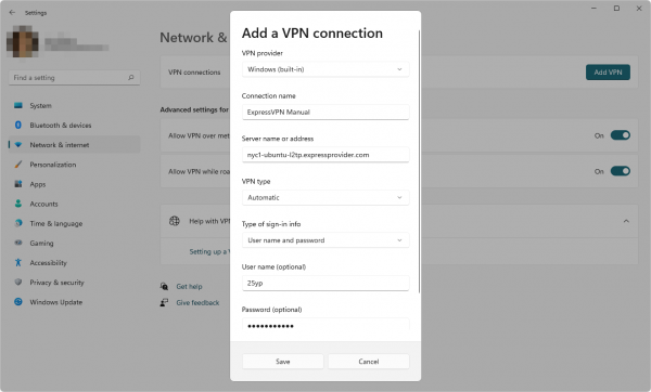 Windows 11 Add a VPN connection screen