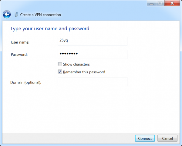 Windows 7 new VPN connection username and password fields