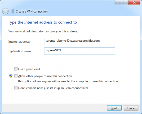 Windows 7 Create a VPN Connection screen