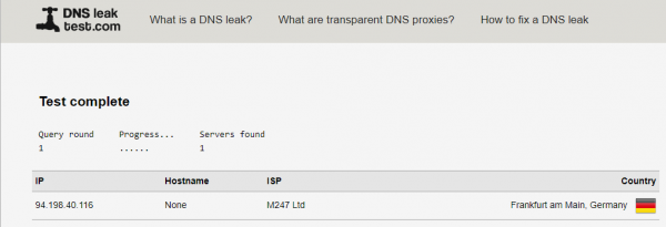 DNS leak test results