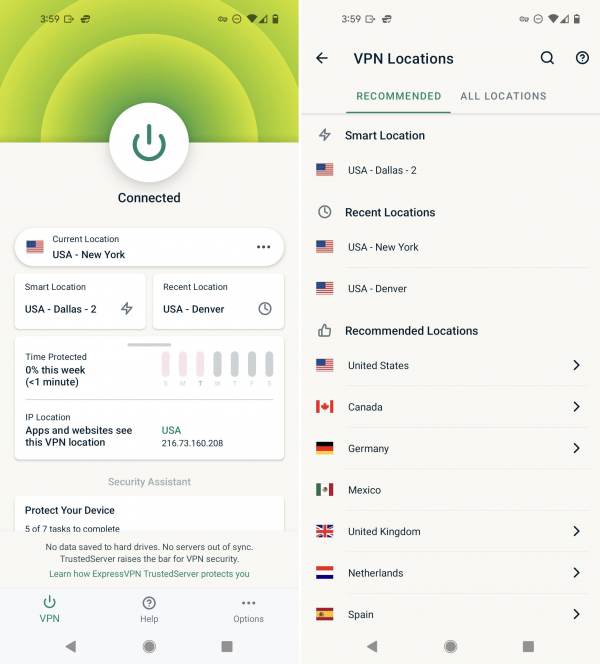 ExpressVPN start page and server locations in Android app