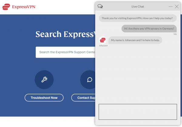 ExpressVPN live chat conversation with their support team