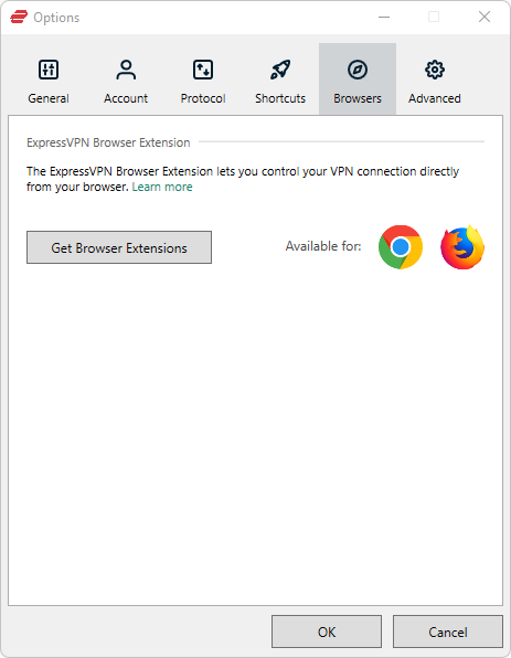 ExpressVPN browser settings in Windows app