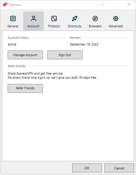 ExpressVPN account settings in Windows app