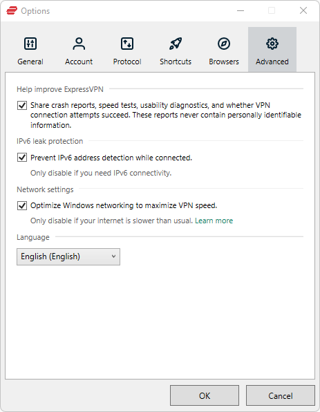ExpressVPN advanced settings in Windows app
