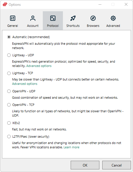 ExpressVPN protocol settings in Windows app