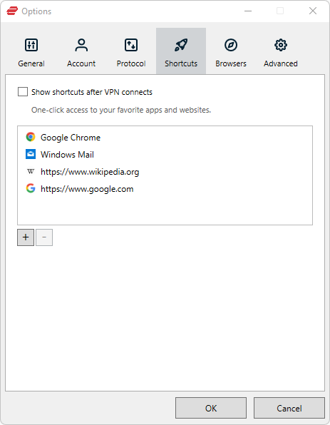 ExpressVPN shortcut settings in Windows app