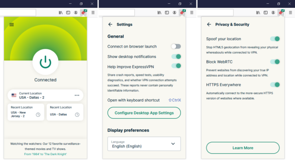 ExpressVPN Firefox add-on start screen and settings