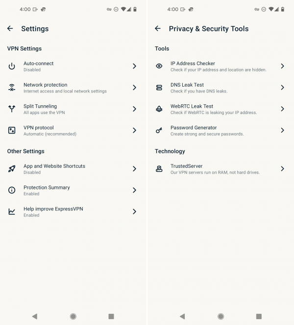 ExpressVPN privacy, security, and other settings in Android app