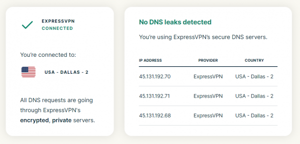 ExpressVPN DNS leak test results