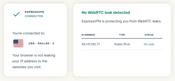 ExpressVPN WebRTC leak test results