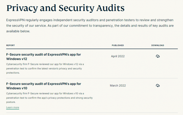 ExpressVPN privacy and security audits page
