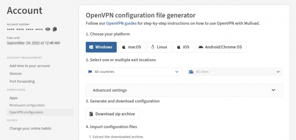 Mullvad VPN OpenVPN configuration file generator page