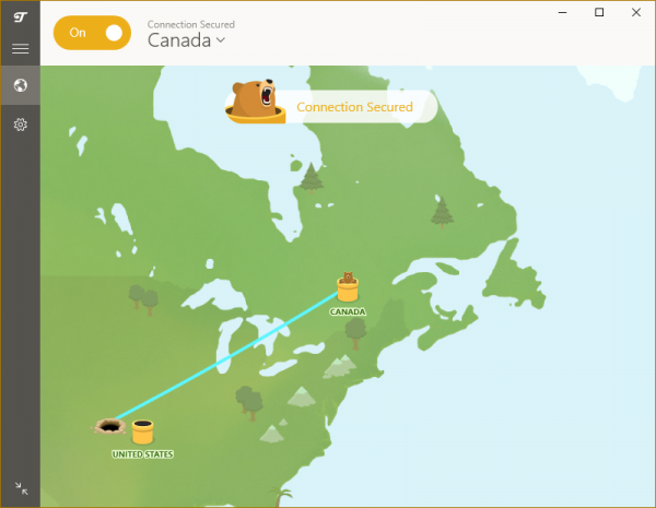 TunnelBear Windows app connected to Canada from the U.S.
