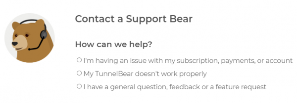 TunnelBear's contact a support bear web page